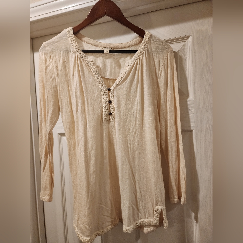 Womens Lucky Brand, Cream, 3/4 Sleeve Top w/Crochet Detail, Small, EXCELLENT